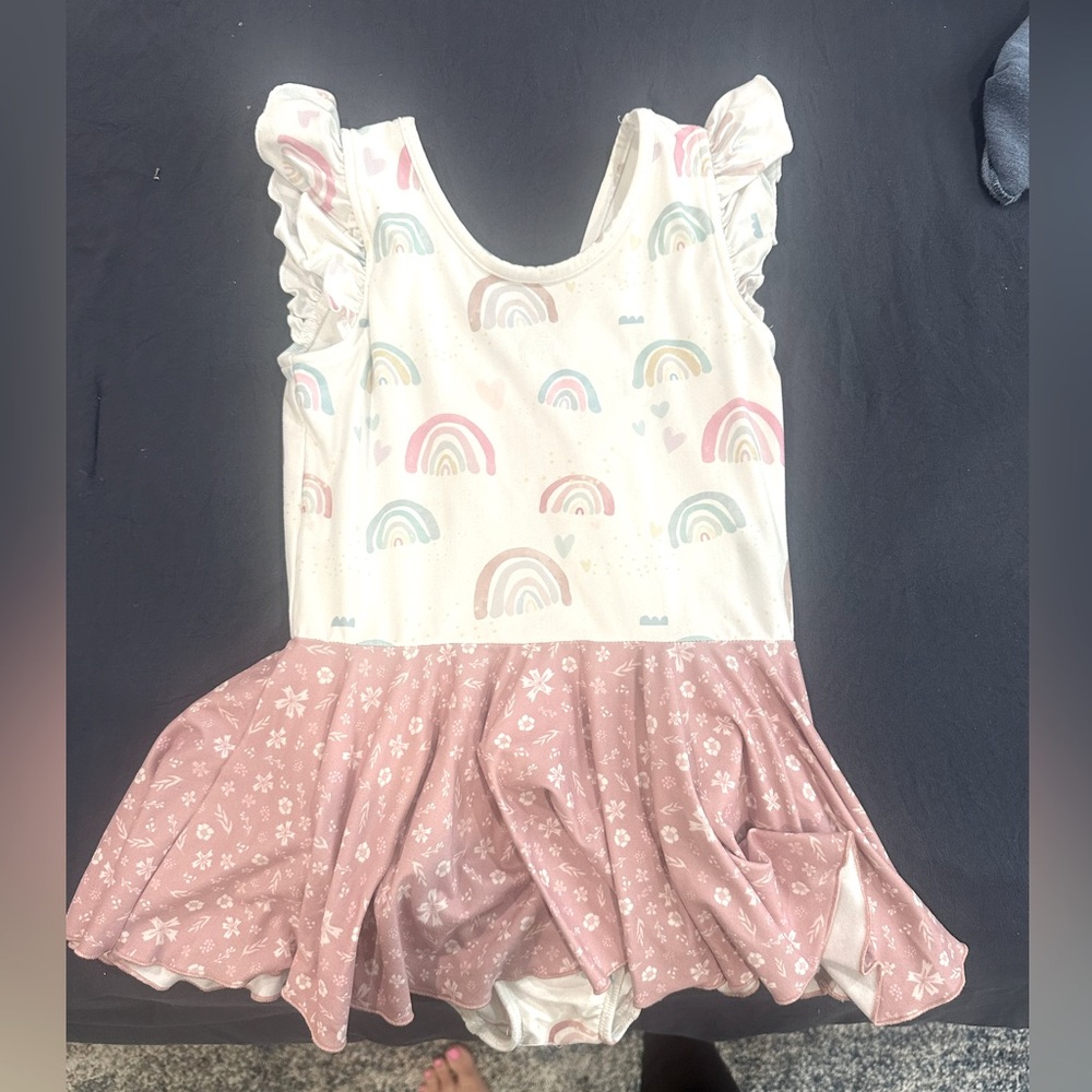 cheeky plum White Dress with Pink Skirt and Pastel Rainbow Print